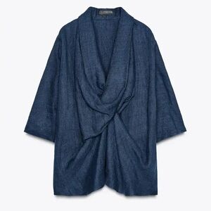 ZARA 100% Linen Draped Blouse INDIGO — ZW COLLECTION, LIMITED EDITION